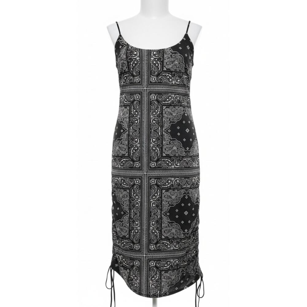Y2K PrettyLittleThing Dress 6 Black White Paisley Cami Slip Ruched Sides Boho